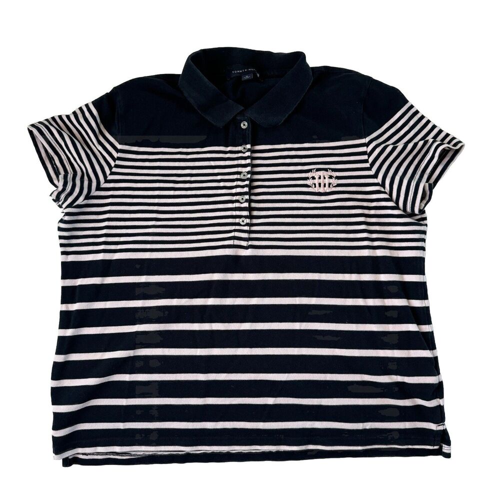 TOMMY HILFIGER Womens Polo Shirt Navy Blue Pink Striped XL